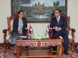 ឯកឧត្តម រដ្ឋមន្រ្តីក្រសួងធនធានទឹក កម្ពុជា ថោ ជេដ្ឋា ជួបពិភាក្សាទ្វេភាគីជាមួយលោកជំទាវ ប៊ូនខាំ វរៈជិត រដ្ឋមន្រ្តីក្រសួងធនធានធម្មជាតិ និងបរិស្ថាន ឡាវ