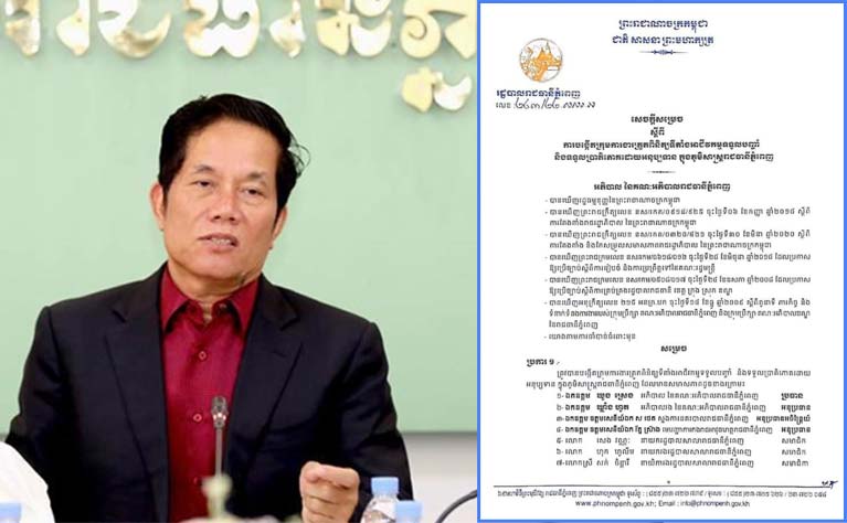 ចេញសេចក្ដីសម្រេចមួយ ដើម្បីបង្កើតក្រុមការងារត្រួតពិនិត្យទីតាំងអាជីវកម្មទទួលបញ្ចាំ និងទទួលប្រាទិភោគដោយអនុប្បទាន ក្នុងភូមិសាស្ដ្ររាជធានីភ្នំពេញ